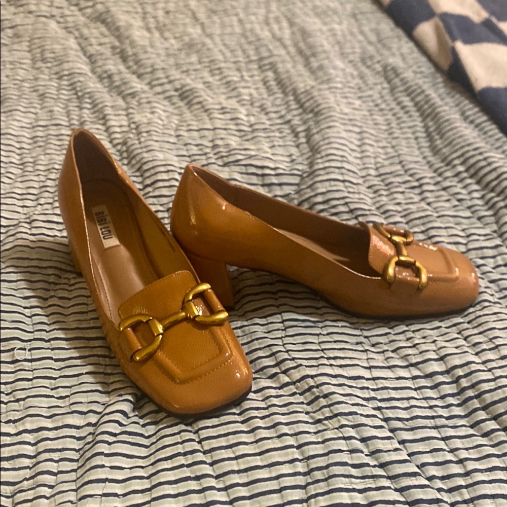 Anthropologie Tan Loafers with Gold Buckle